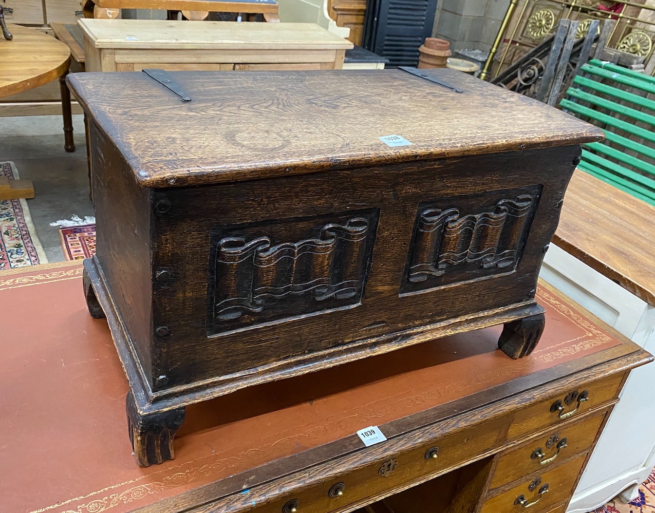 A small 1920's linenfold carved coffer, width 81cm